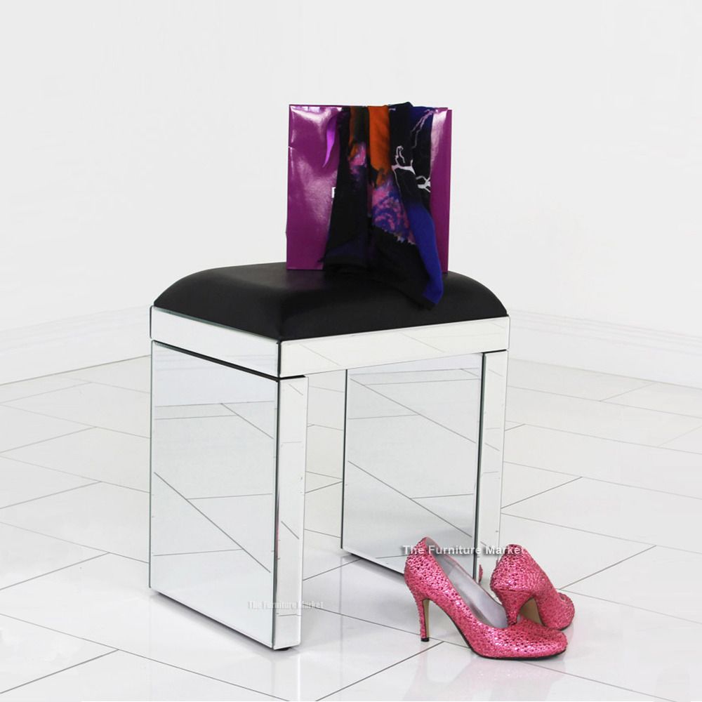 Mirrored Glass Dressing Table Stool Black Faux Leather Seat